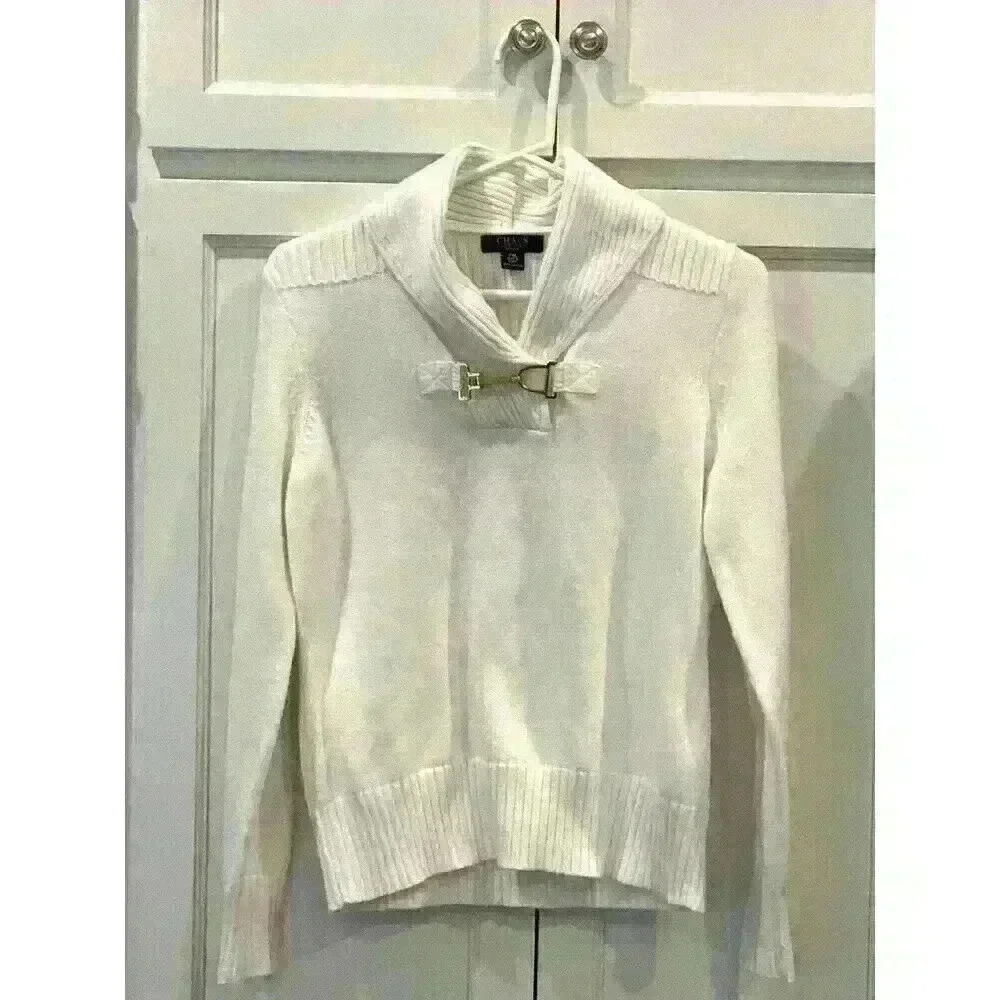 Women’s Chaps Sweater White Petite Medium PM Gold Toggle Shawl Neck Long Sleeve - Picture 2 of 5